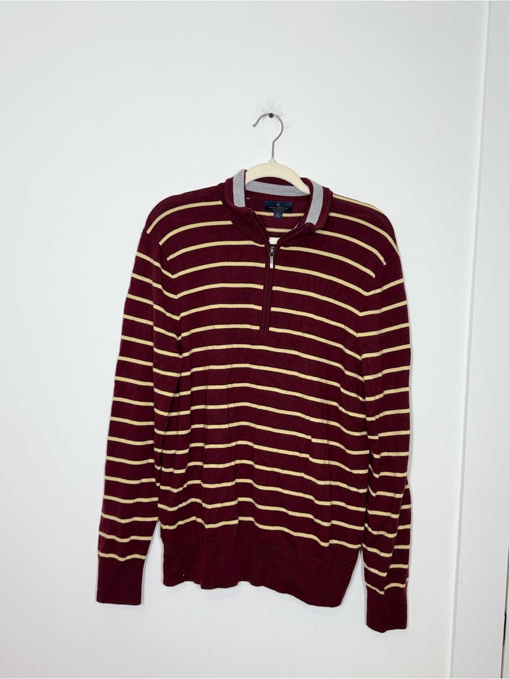 Brooks Brothers Merino Wool 1/4 Zip Sweater Burgundy Stripe Size L